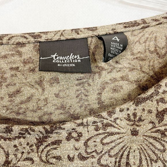 Chico's Travelers Brown Metallic Damask Print Asymmetrical Hem Top - Size 4, XXL - Picture 4 of 5